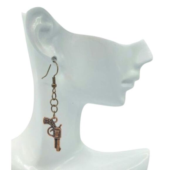 Western Revolver Earrings Bronze Tone Pistol Dangles - Picture 2 of 3